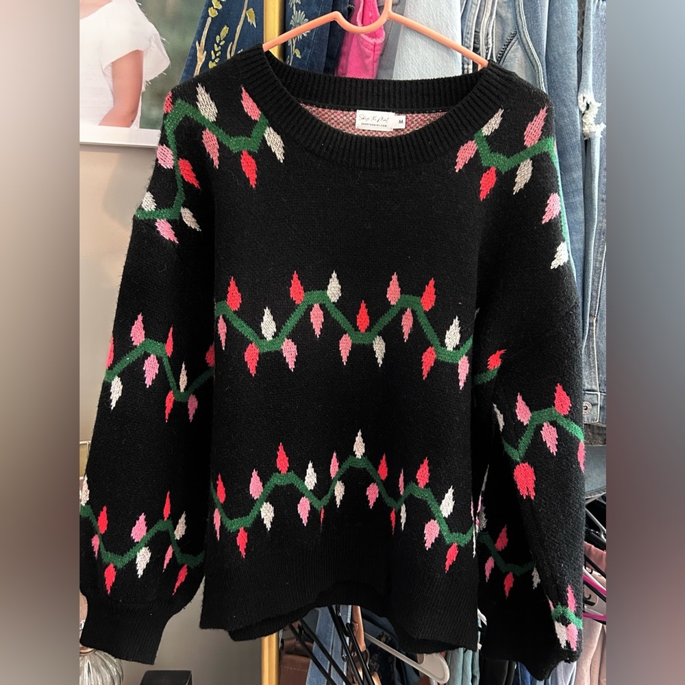 Black Crewneck Sweater with Pink & Green Motif